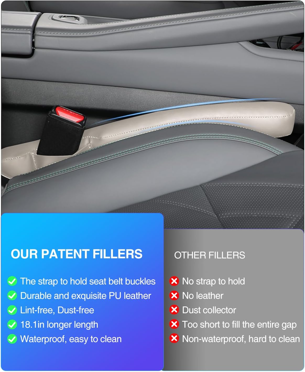 Leather Car Seat Gap Filler Universal for Car Truck SUV to Block The Gap Between Seat and Console Stop Things from Dropping 2 Packs Beige