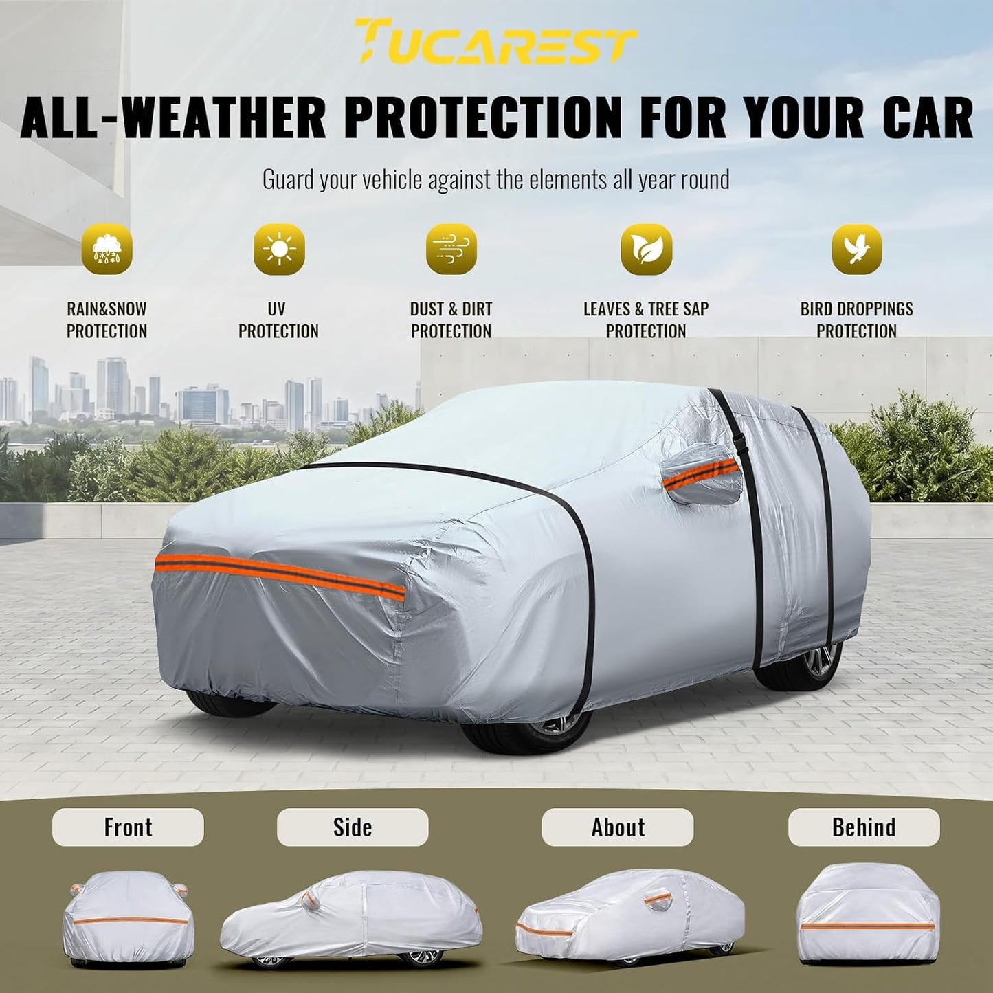 TUCAREST 6 Layers Full Car Cover for Sedan/Wagon/Coupe/Hatchback - Waterproof, Insulated, Anti-UV, Snow-Proof, Anti-Wind, All-Weather, Thickened Protection, up to 191 in
