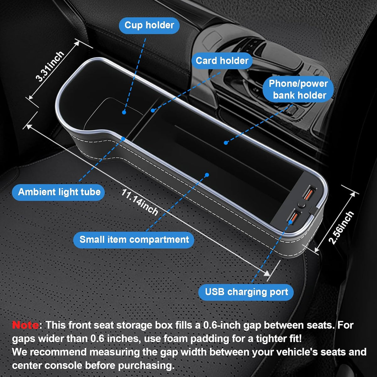 2 Pack Car Gap Filler Organizer with Charger Upgrade LED Seat Gap Organizer Box with Cup Holder Card Slot Larger Storage Space Reducing Item Loss