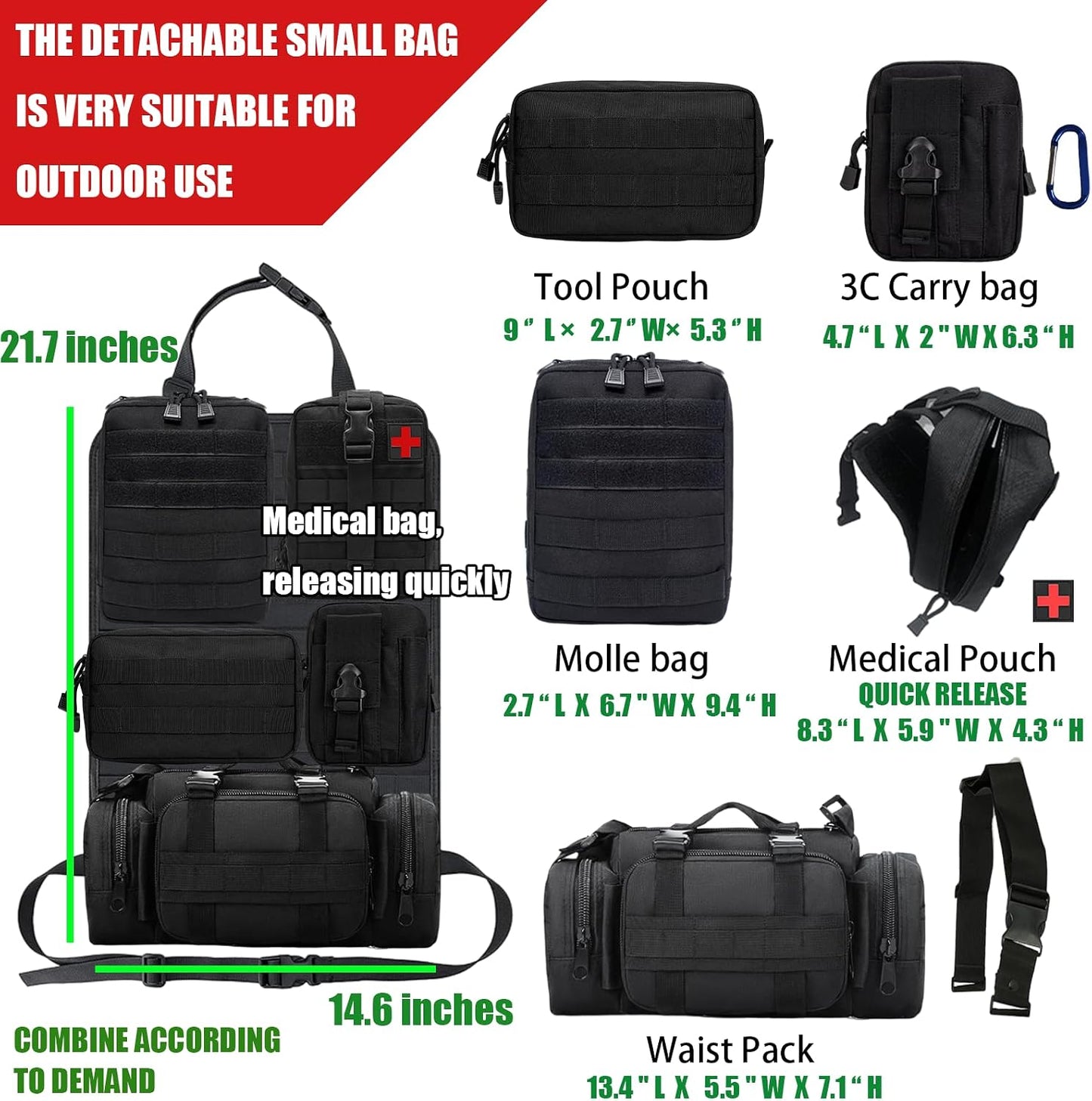 7 PACK Tactical Seat back organizer Truck organizer With 6 Detachable Pouches Universal For Car Truck Ford Jeep Military-Grade Heavier Panels With Multi-functional Packs (2 Set Black)