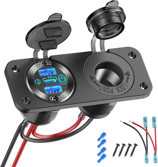 12V USB Outlet Marine Switch Panel 12 Volt Plug, PD3.0 & Dual Quick Charge 3.0 USB Ports Aluminum Car Charger with Power Switch, Waterproof 150W Cigarette Lighter Socket 2 in 1 DIY Kit for Boat RV ATV