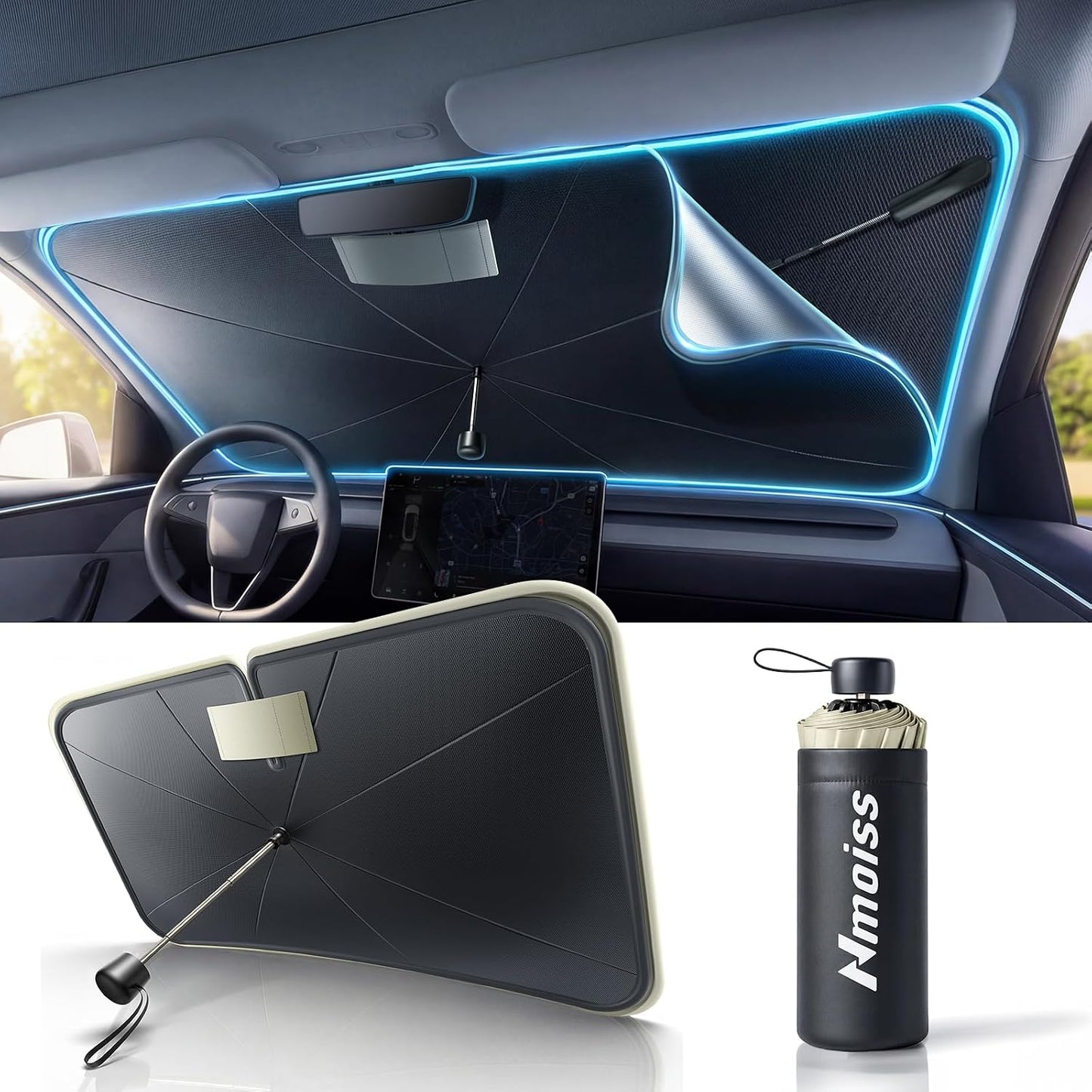 Nmoiss True Dual Layer Air Cooled Windshield Sun Shade Umbrella - [Drive to Superior Coolness & Comfort] Block 99% UV Sun Rays & Heat Damage Keep Cool and Protect Interior Medium