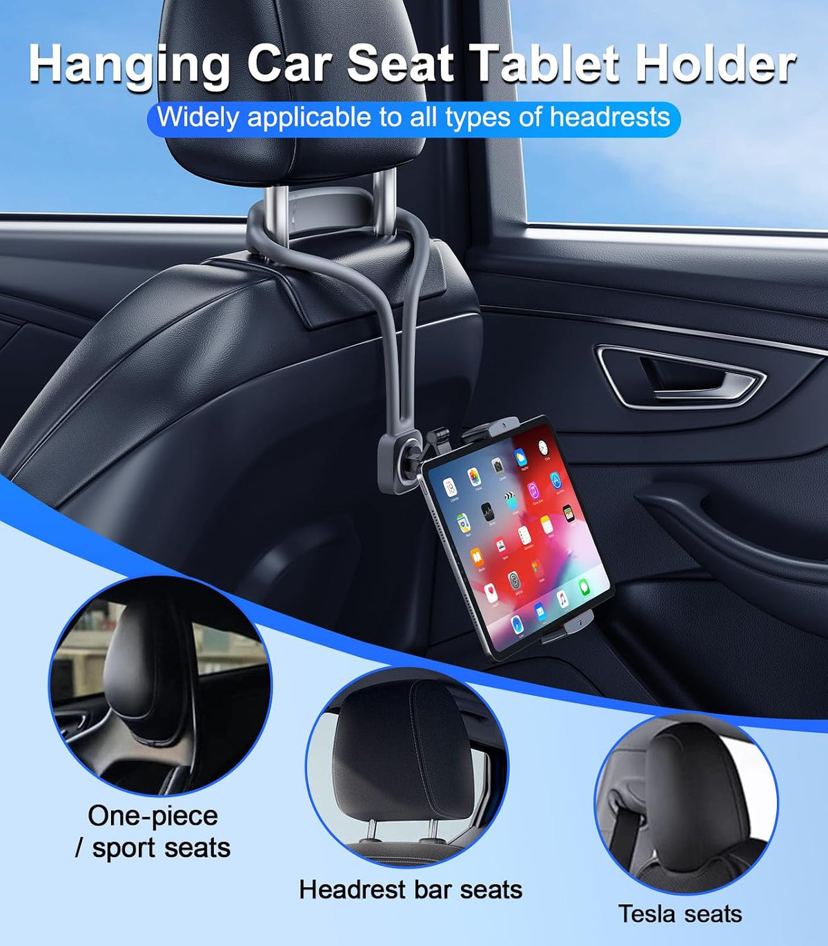 Car iPad Tablet Holder Back Seat Accessories for Tesla/Sport/Bucket/Performance Seats, Rear Headrest Tablet Hanger Mount for Kids/Adults, Road Trip Essentials with Car TV/Entertainment Gadgets