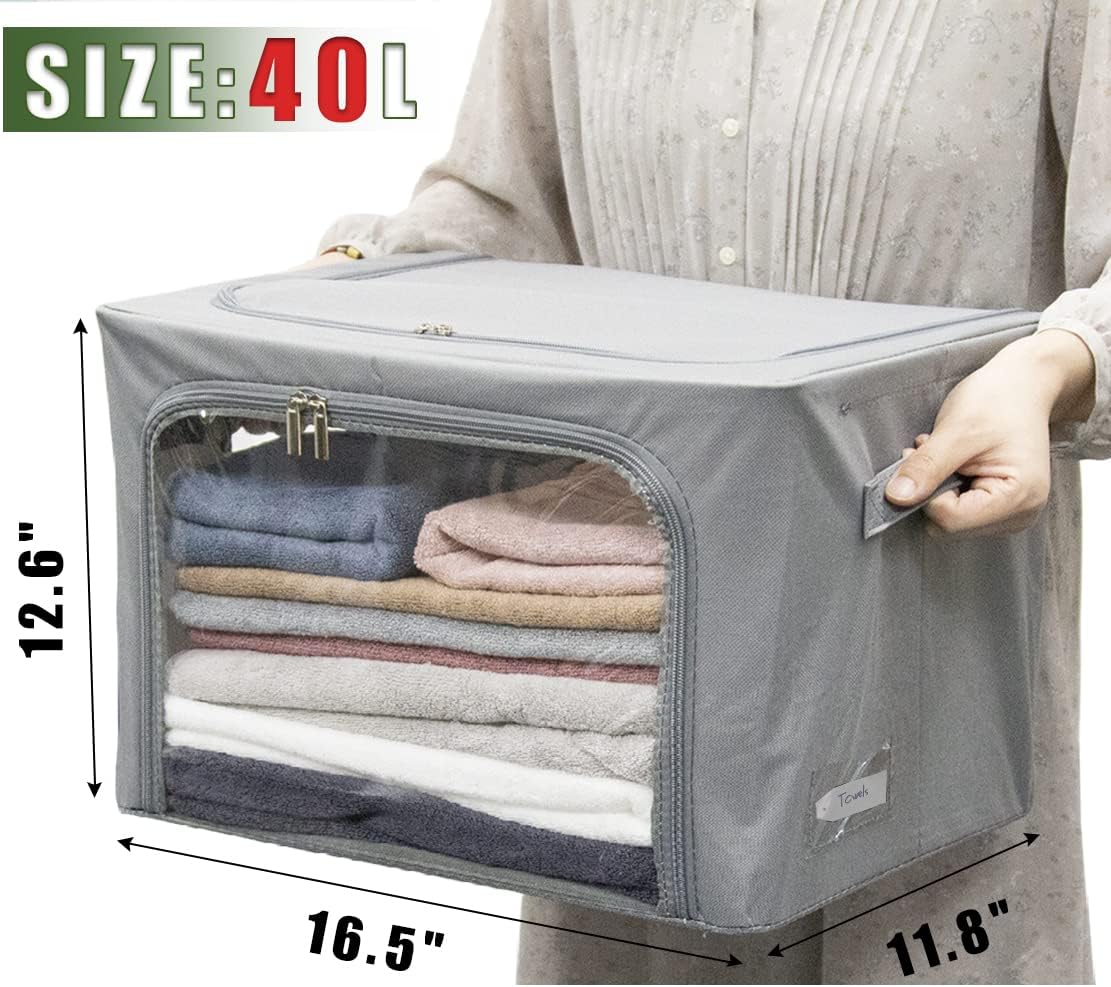 Clothes Storage Box Bins Stackable Foldable Organizer with Metal Frame for Clothing Bedding Shelves,Closet Container with Clear Window Zipper and Label Holder (Gray,Small-40L x3 Pack)