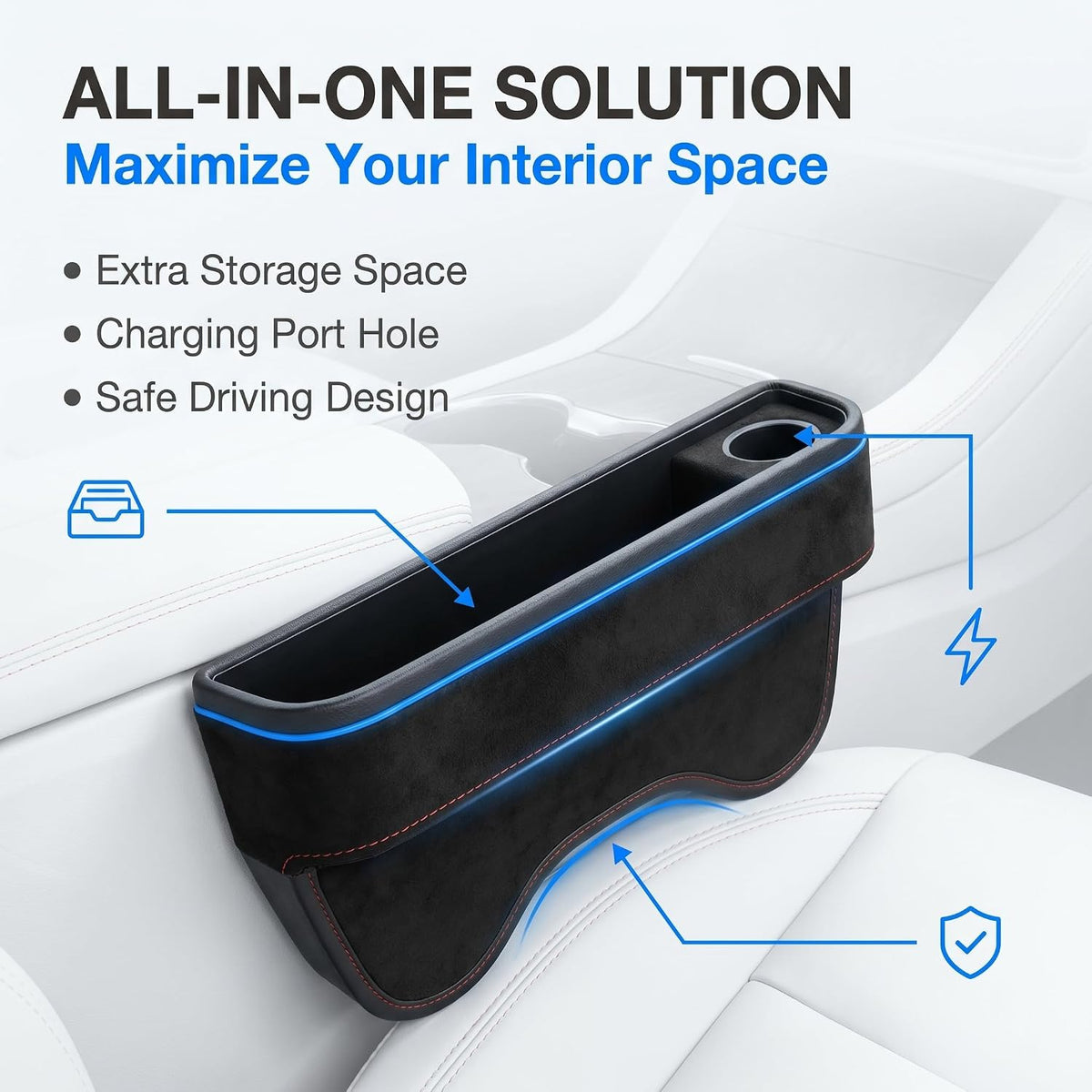 1 PC Car Seat Gap Filler Organizer, Leather Storage Box with Cable Port, Anti-drop Multi-functional Console Cushion, Universal for Most Cars, Trucks, SUVs (Black)