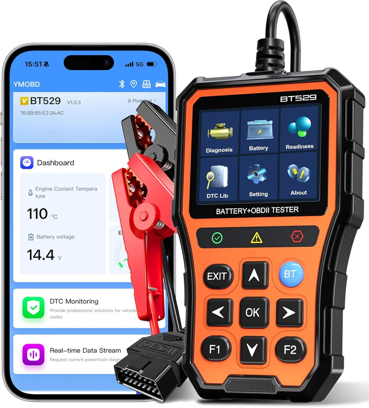 BT529 Bluetooth OBD2 Scanner & Car Battery Tester, 2-in-1 Diagnostic Tool
