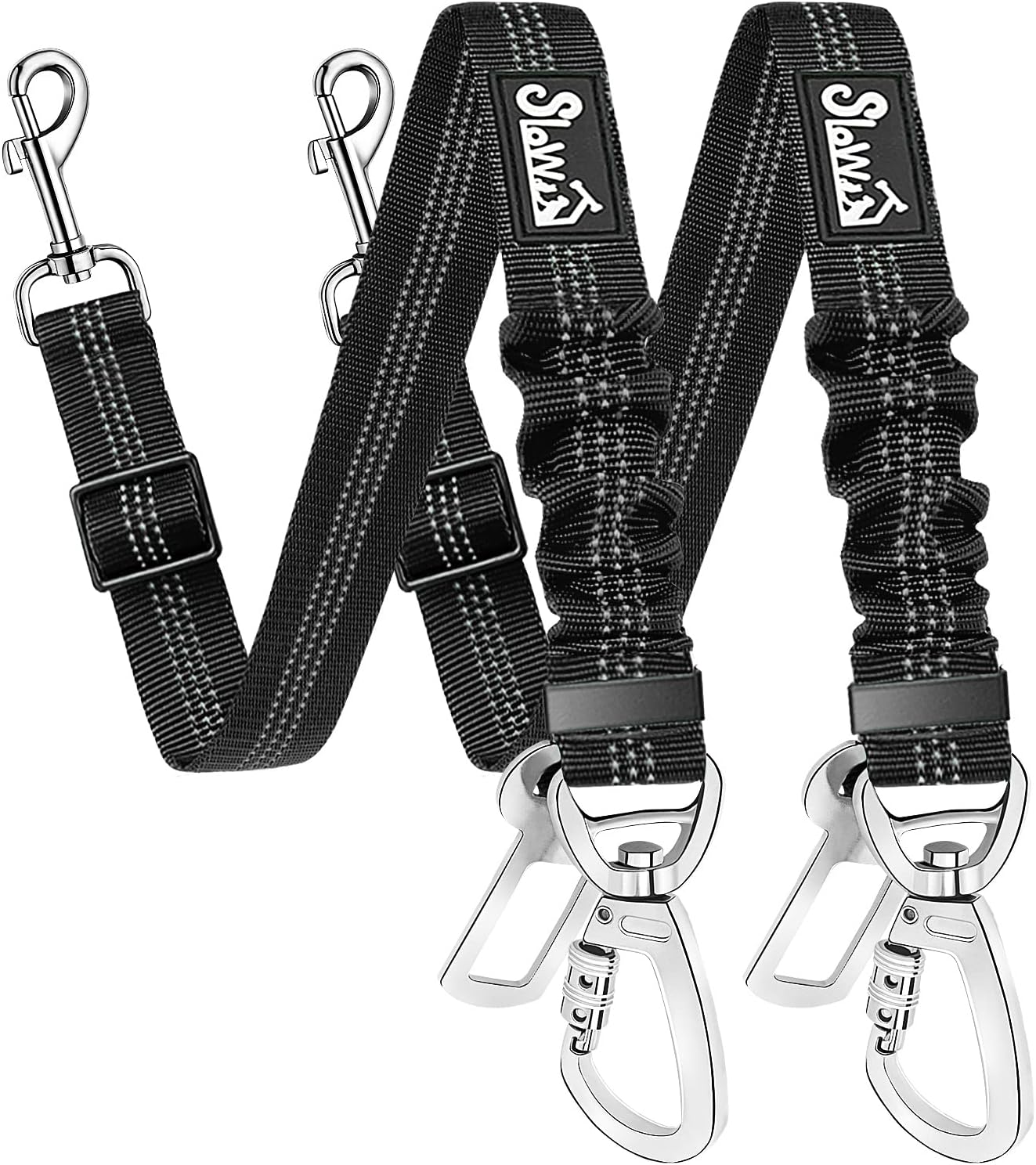 SlowTon Dog Seatbelt, 2 Pack Dog Seat Belt Car Leash Adjustable Elastic Bungee Buffer Heavy Duty Nylon Reflective Pet Safety Tether Connect to Dog Harness for Travel Riding in Vehicle (Daul Clip, B)