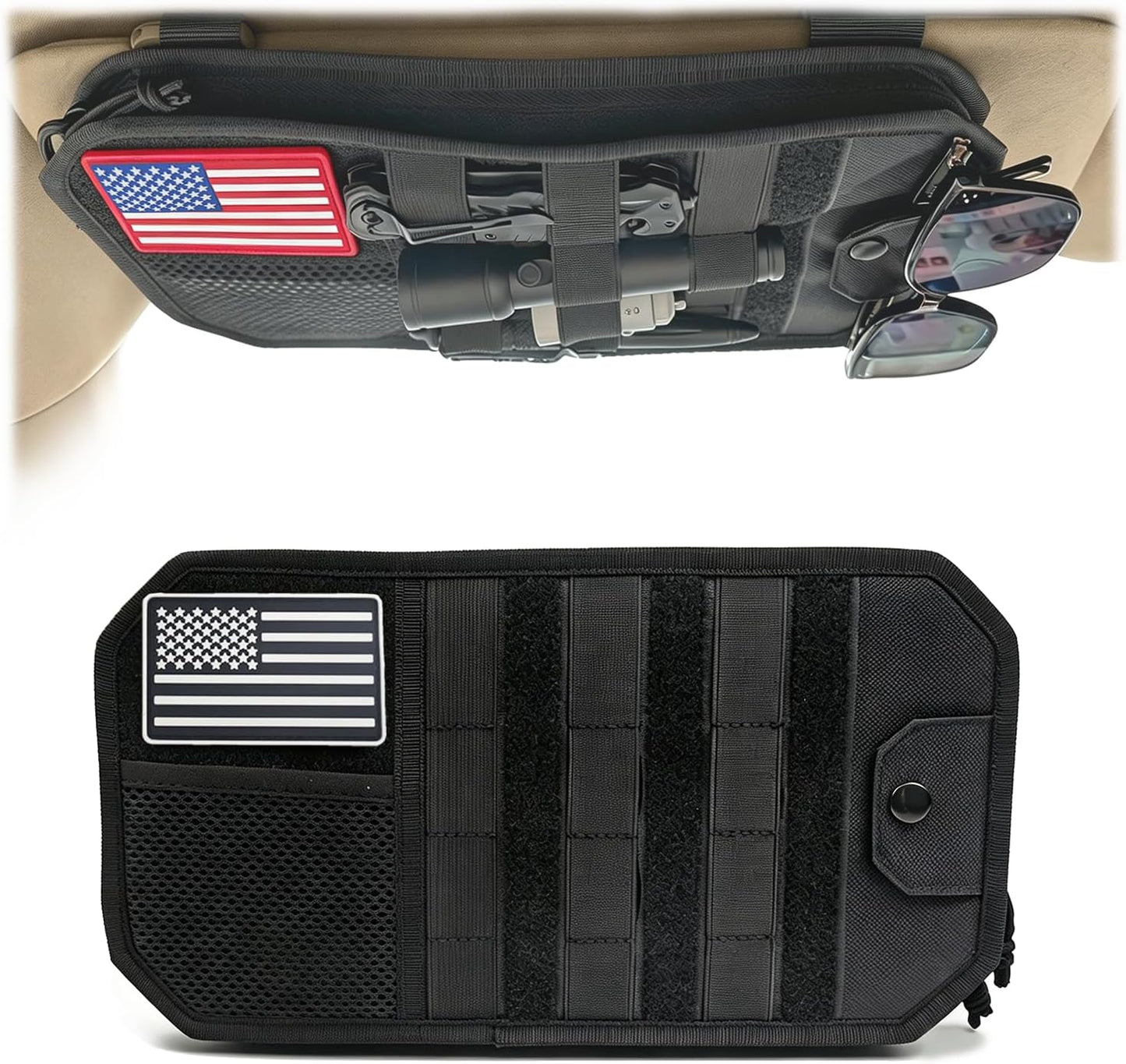 Car Visor Organizer, Truck Visor Organizer for Police Gear & Overlanding | 1000D polyester, Velcro straps, MOLLE panel, zipper storage. Fits sedans, SUVs, Jeeps & trucks. 2 USA flag patches included