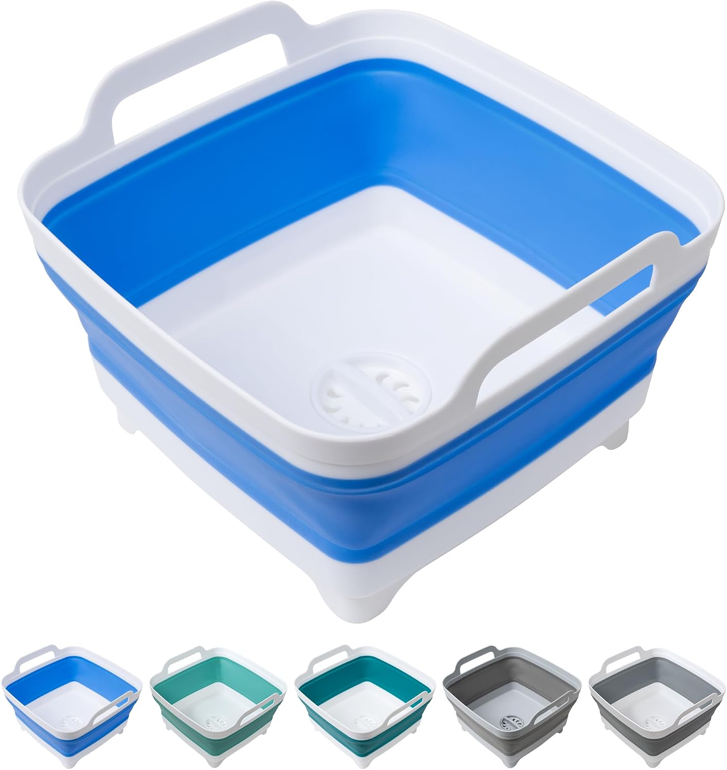 Tiawudi Dishpan for Washing Dishes, 2.4Gal/9L Wash Basin with Draining Plug Carry Handles, Collapsible Bucket for Cleaning, Portable Sink, Foldable Plastic Tub, 1PC