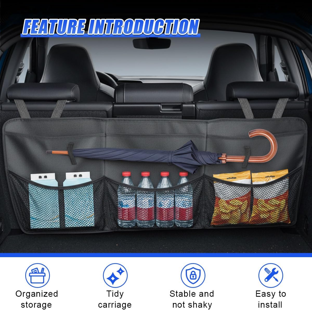 Car Trunk Organizer, Waterproof Backseat Hanging Storage Bag, Black