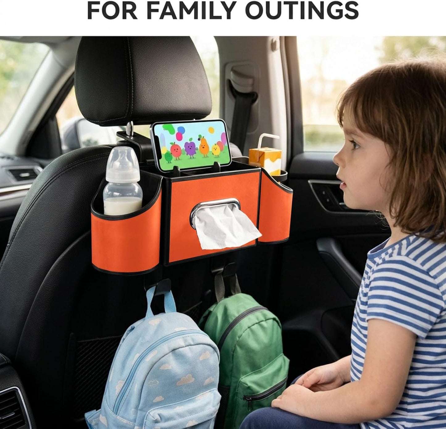 Back Seat Car Organizer, Nappa Leather Car Seat Organizer with Cup Holders and Tissue Box, Premium Hanging Storage Bag for SUV Truck Road Trip (Orange)