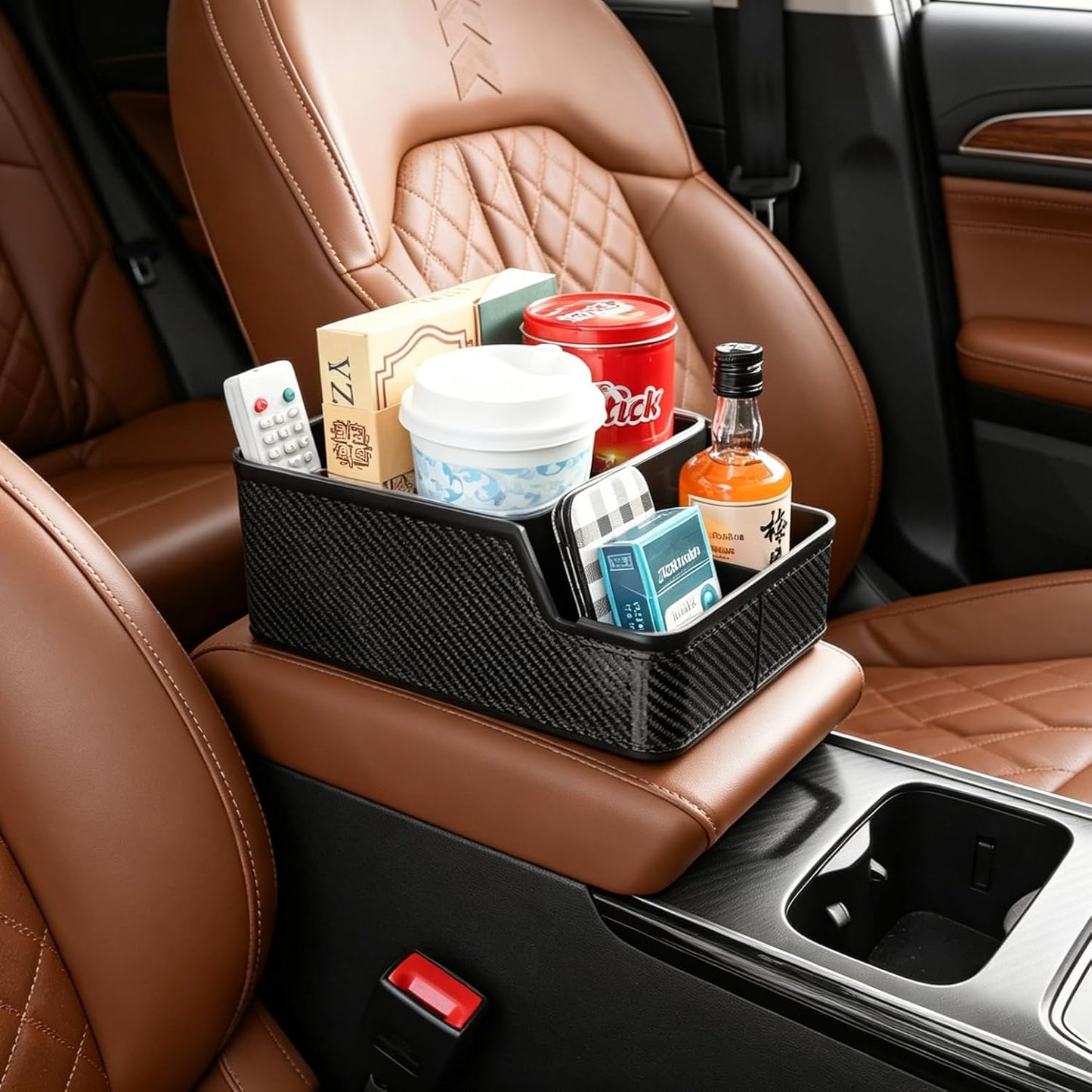 Car Front Seat Organizer with Compartment,Center Console Organizer,Car Armrest Storage Box,Back Seat Cup Holder Tray,Between Seat Small Caddy with Phone Holder for Truck,SUV,Van (Black)