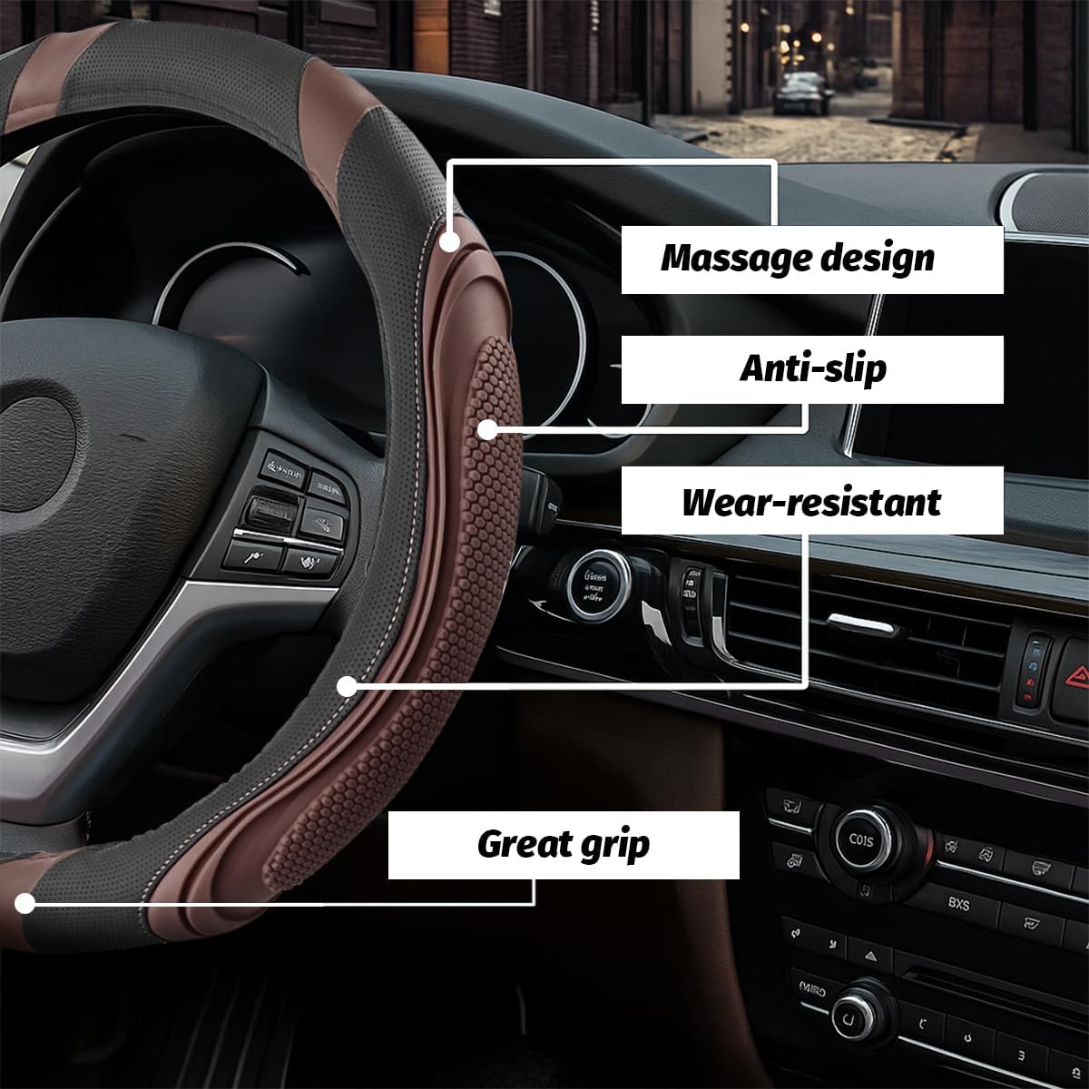 Osilly 15 Inch Artificial Leather Steering Wheel Cover, Coffee