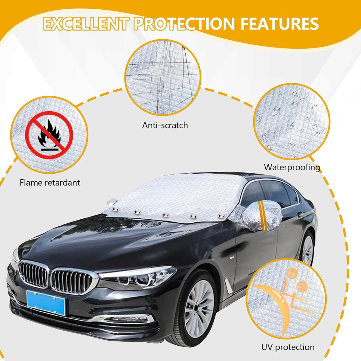 Car Windshield Snow Cover for Ice & Snow Protection,4-Layer Front Windshield Guard with Magnetic Edges & Side Mirror Covers Universal for SUV, Truck, Sedan, Van