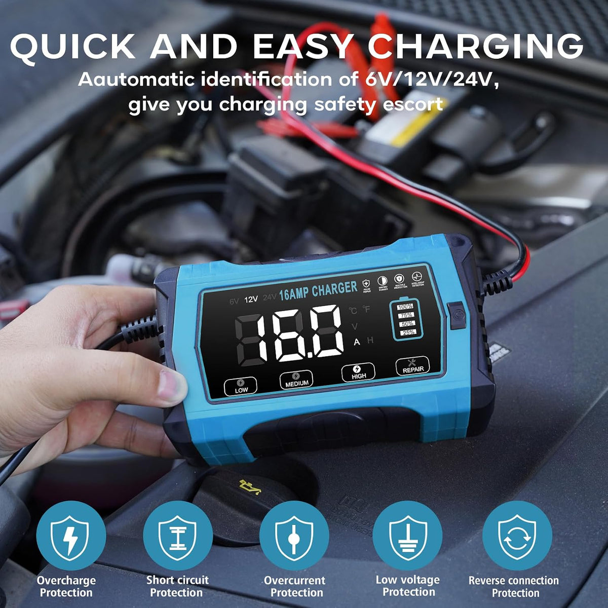 16A Battery Charger, 6V/12V/24V, Battery Maintainer Trickle Charger for Car
