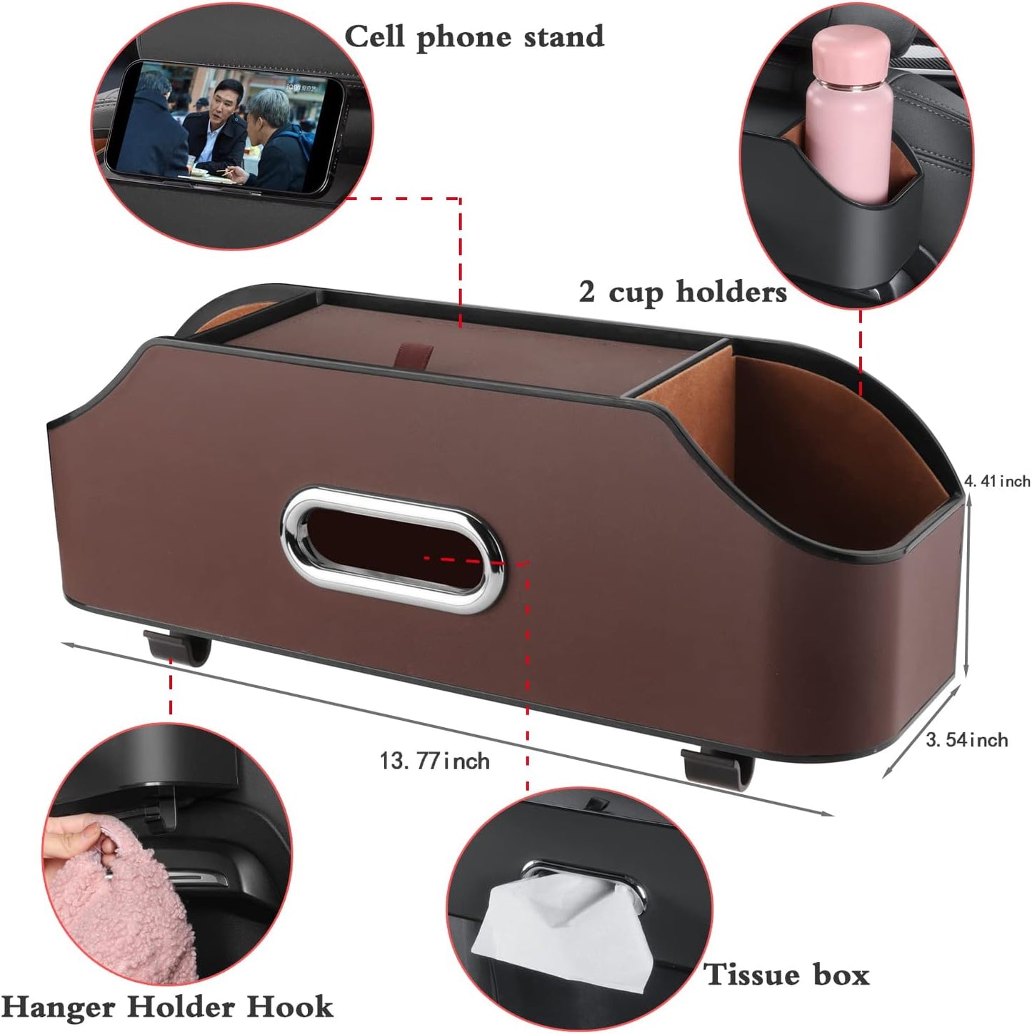Car Seat Back Organizer - Stylish & Functional Storage for Family Adventures - Cup Holders, Tissue Box & Hooks - Perfect for Kids, Road Trips & Travel (Brown)