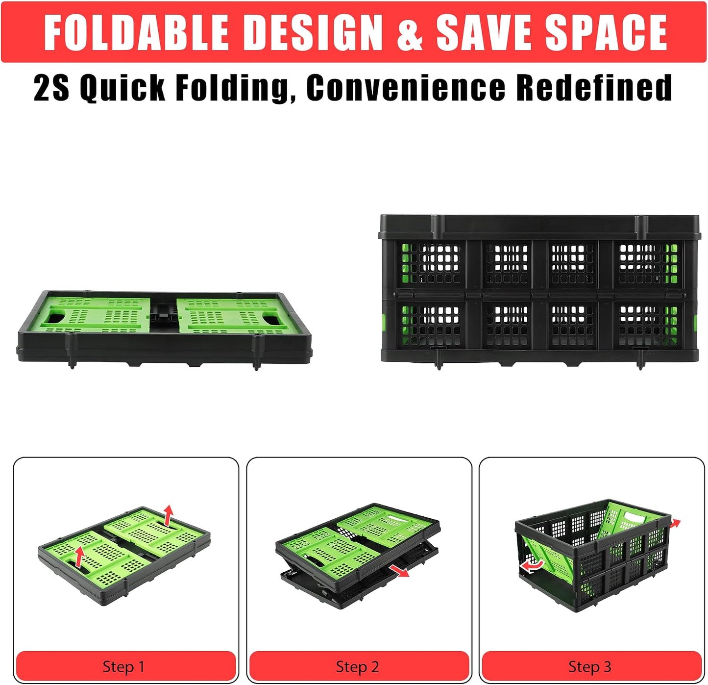 OUTLANE Collapsible Milk Crate,55L Folding Stackable Plastic Storage Bins with Side Handles,Heavy Duty Stackable Containers Folding Storage Baskets for Home, Office, School & Garage,Green