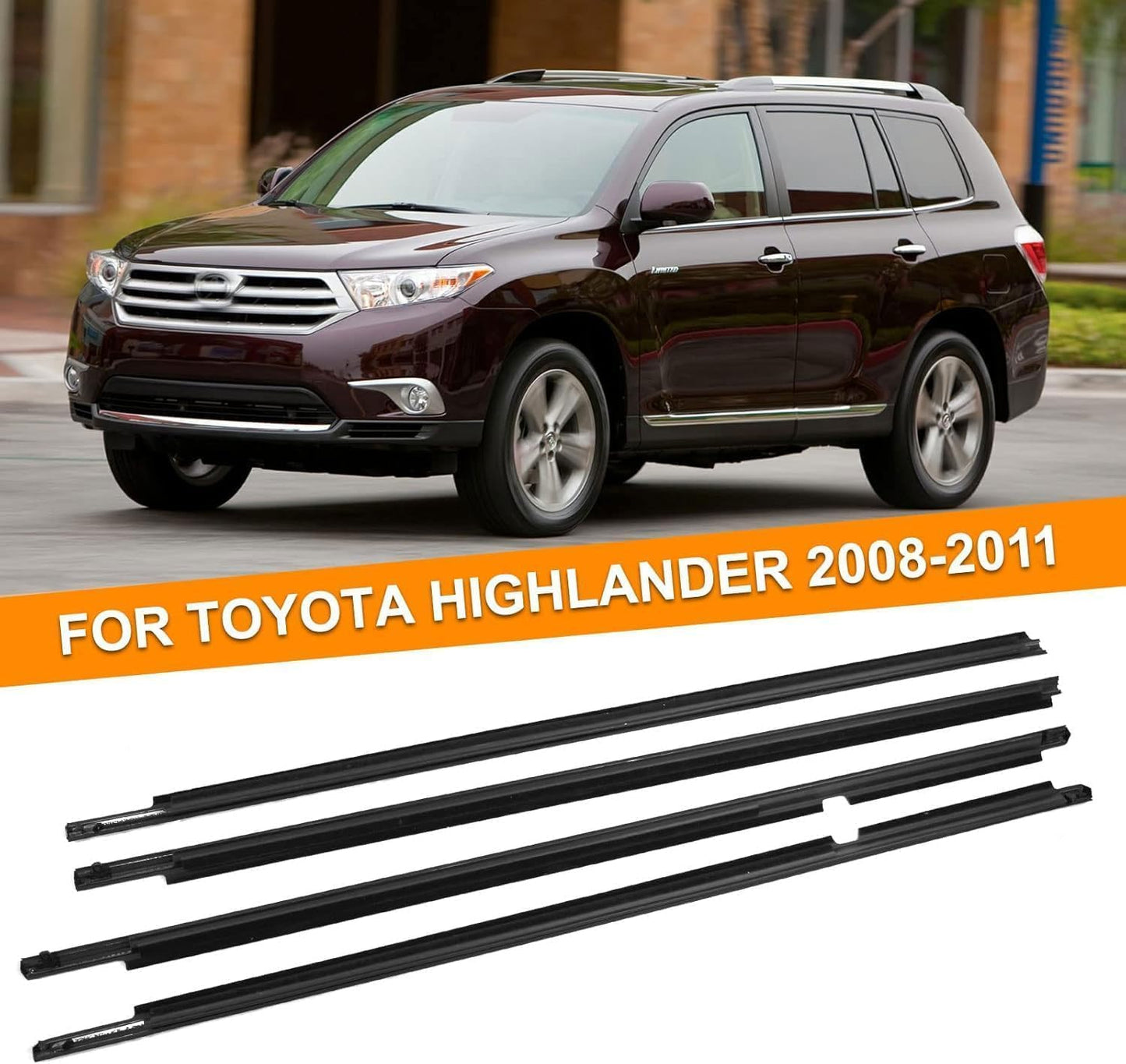 Weatherstrip Window Trim Compatible with Toyota Highlander 2008 2009 2010 Black Door Weather Stripps Molding Seal Belt Outside 4pcs