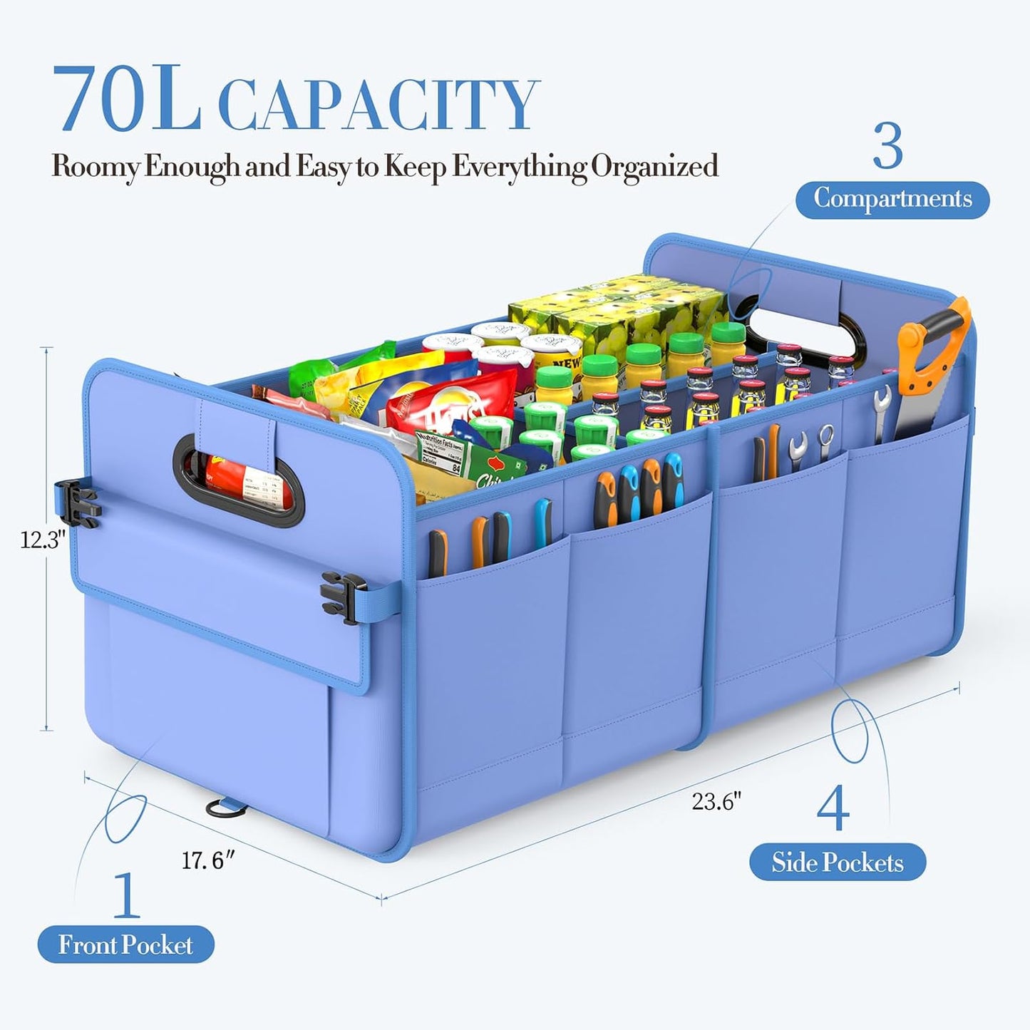 titiyiof Trunk Organizer For Suv & Sedan,Car Organizers and Storage, Waterproof Collapsible & Adjustable Straps,70L Sturdy Car Organization for Car Accessories, Tools,Sundries,2-3Compartment（Blue