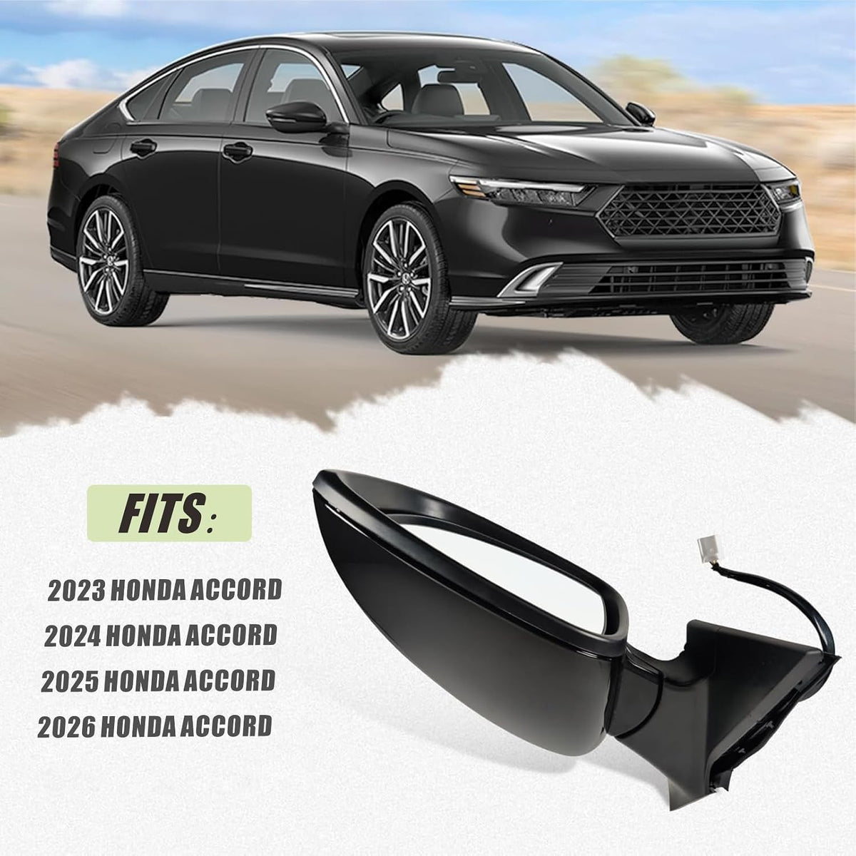 Right Passenger side Mirror Fits 2023 2024 2025 2026 Honda Accord with Power Glass without Heated without turn signals without Blind Spot Match Black (3Pins)