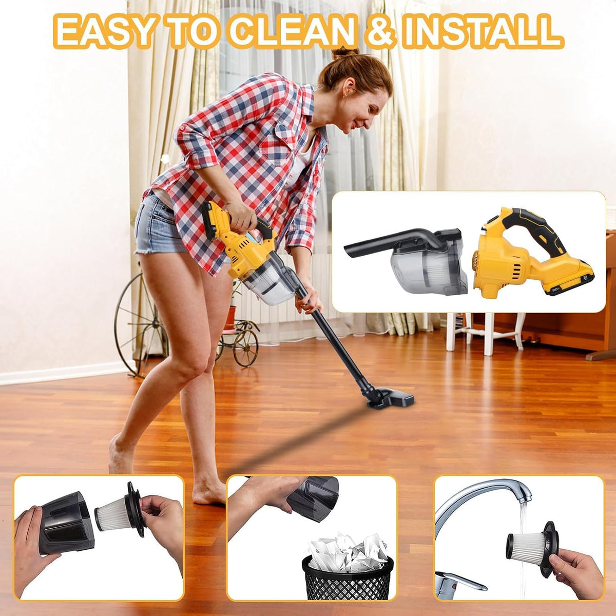 Cordless Vacuum Cleaner Compatible with De-Walt 20v, Brushless Stick Vacuum with Washable HEPA Filter 55CFM Handheld Vacuum Cleaner for Home Car Hardwood Floor Carpet Shop Vac(Tool Only)