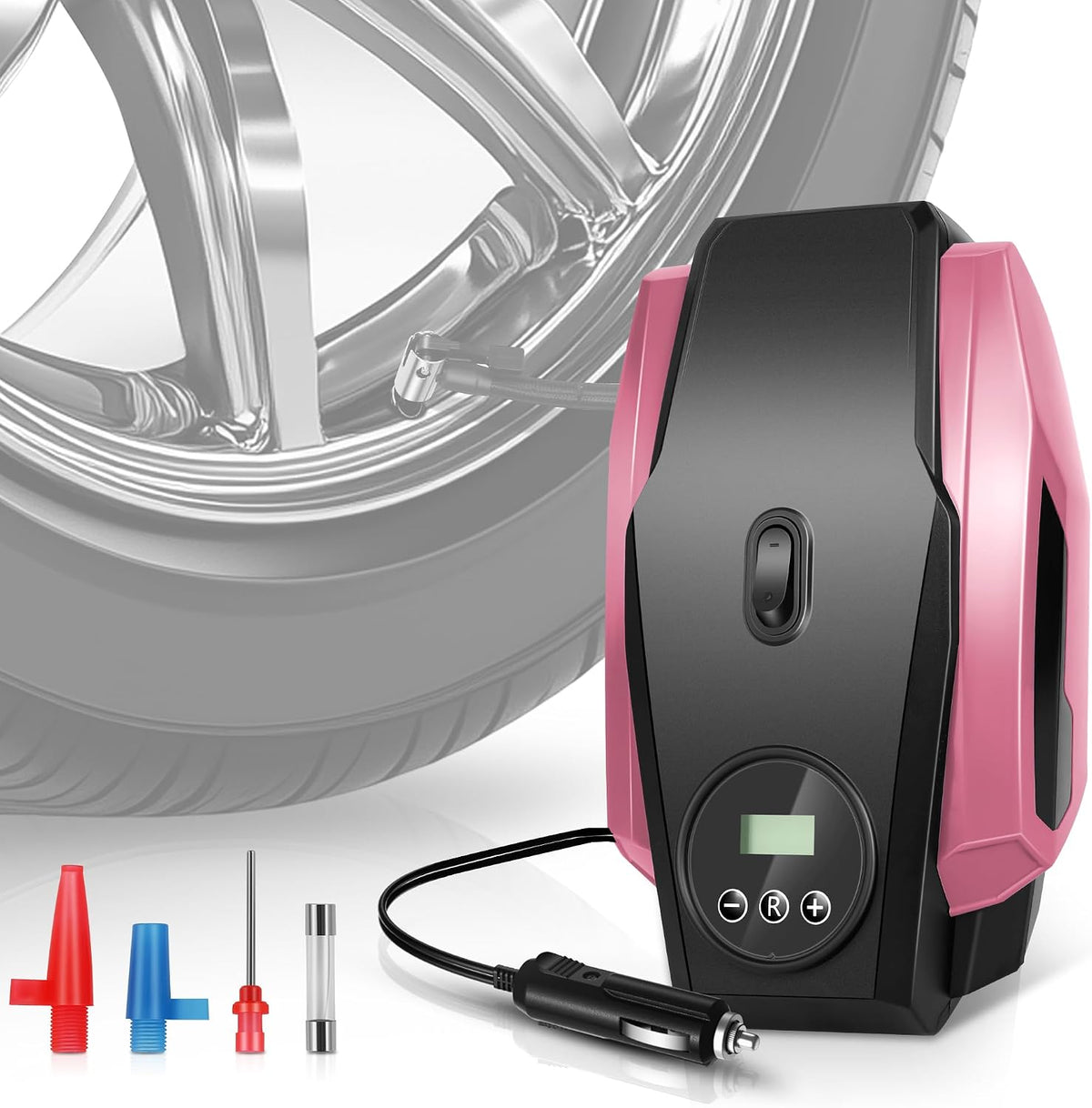 Auto Dynasty 12V DC Emergency Tire Inflator for Car – Portable Air Compressor with Preset Pressure Shut-Off & LED Light, Digital Gauge for Sedan, Motorcycle, Bike Tires & Sports Balls (Pink)