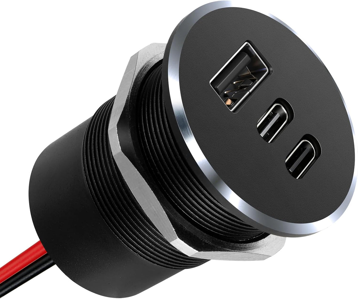 78W 12V USB Outlet with Silver Ring, Aluminum Car USB C Socket