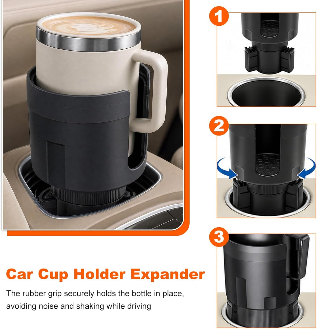 Car Cup Holder Extender, Expandable Auto Cup Holder Adapter with Adjustable Base & Rubber Pad, Waterproof Vehicle Bottle Holders Expander Fits Most Bottles, Car Accessories