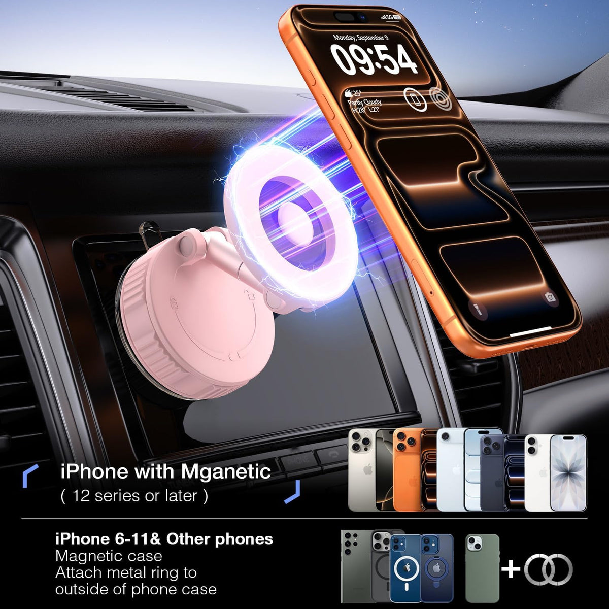 Vooii Phone Holders for Your Car for Magsafe Car Mount (130LB Ultra Suction Cup & 360° Adjustable) Vacuum Cell Phone Car Mount, Magnetic Car Phone Holder for Dashboard/Windshield for iPhone & Android