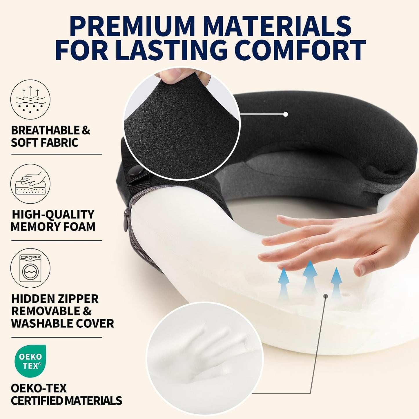 BUYUE Kids Travel Pillows for Airplane, Memory Foam 360° Head Support Sleeping Essentials for Long Flight, Skin-Friendly Soft Neck Pillow for Traveling in Car Seat, (Small, Black Grey, 40-90 lbs)