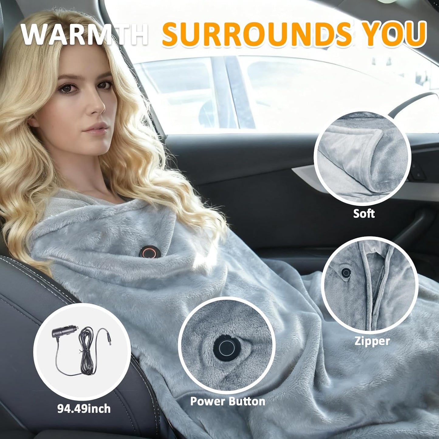 12 Volt Car Heated Blanket, 2-in-1 Wearable Car Blanket 59"X39" with 3 Heating Levels with Zipper for Car/Truck/SUV/RV, Camping & Travel Car Electric Blanket, Machine Washable, Grey