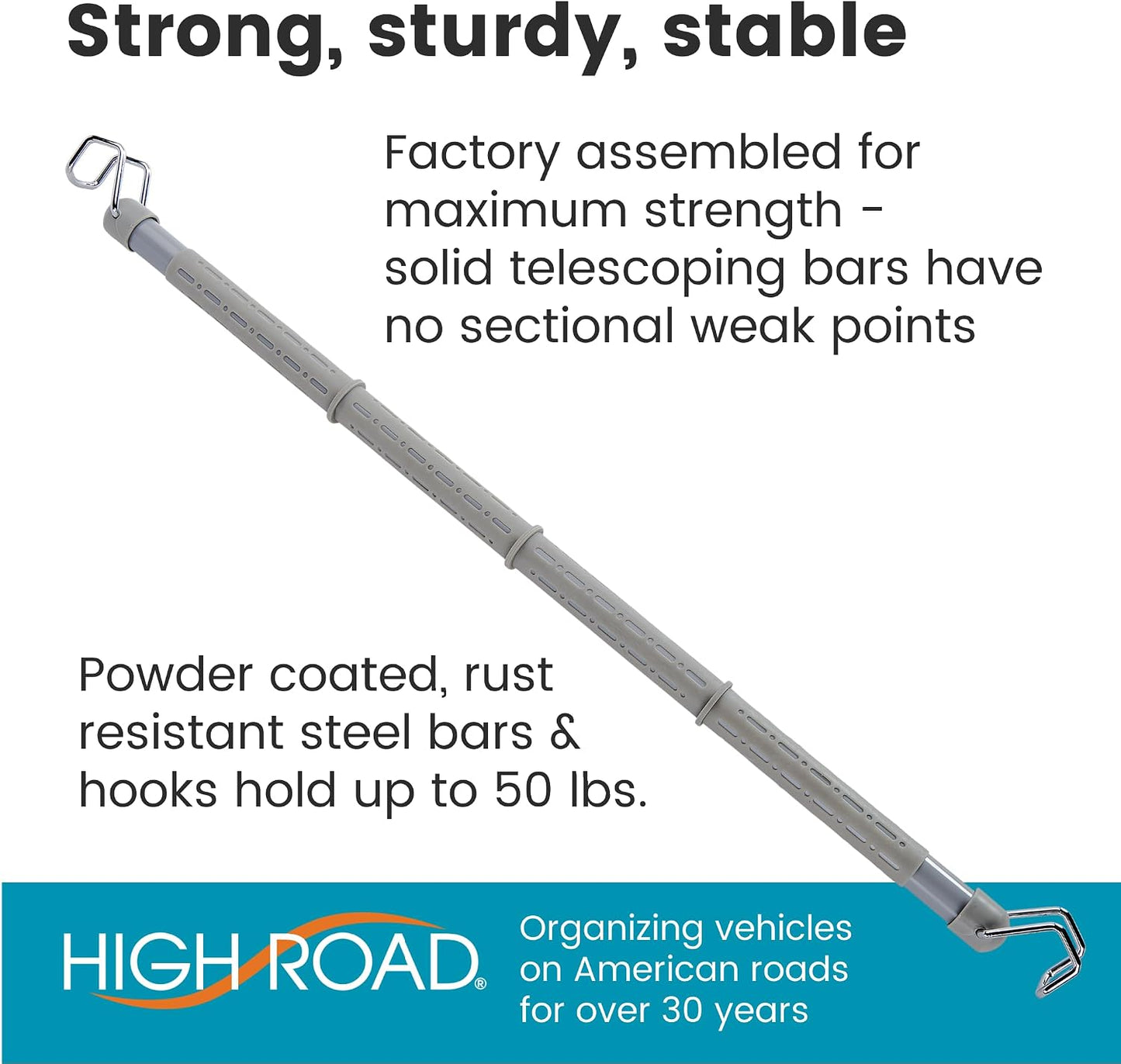 High Road Car Clothes Hanger Bar - Carbon Steel No Assembly Clothes Rod for Car, Truck or Van With Solid Metal Hooks - Fully Assembled Expandable Clothing Bar Slides from 32 To 62" Long