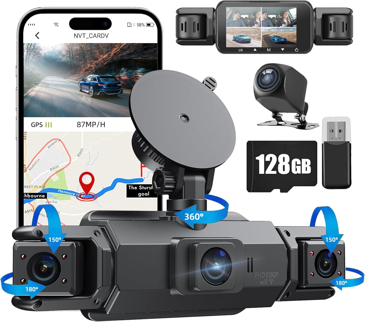 360 Dash Cam Front and Rear Inside,4 Channel Dash Cam 2026,2.5K+1080Px3 Dash Camera for Cars 24/7 Night Vision,360 Car Camera Built-in GPS,5G WiFi,Loop Recording,Parking Mode Free 128GB Card