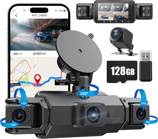 360 Dash Cam Front and Rear Inside,4 Channel Dash Cam 2026,2.5K+1080Px3 Dash Camera for Cars 24/7 Night Vision,360 Car Camera Built-in GPS,5G WiFi,Loop Recording,Parking Mode Free 128GB Card
