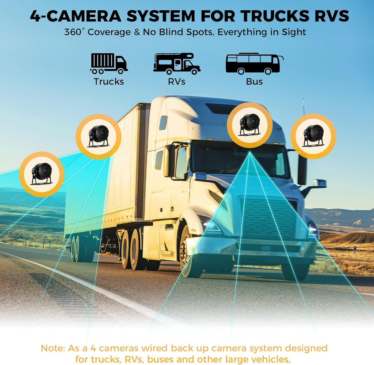 RV Truck Camera System with CarPlay & Android Auto,4 Channel HD1080P IP68 Wired Backup Camera for Semi Trucks, RVs, Trailers, 10'' Touch Screen with DVR Recording & 64GB Micro SD Card.