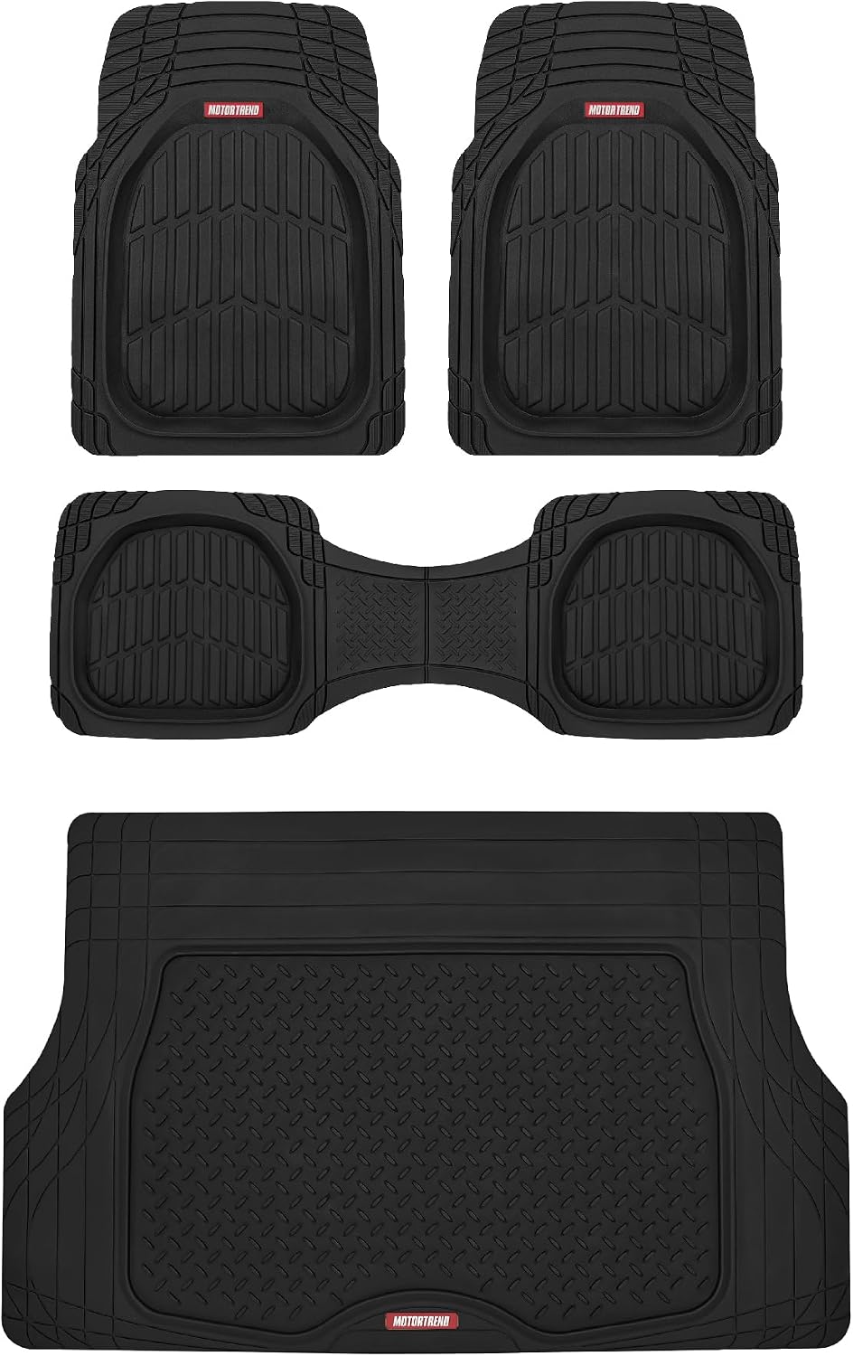 Motor Trend FlexTough 4-Piece Heavy Duty Floor Mats for Cars Trucks SUVs, Automotive Floor Mats Car Mats Full Set Front, Rear & Cargo, Trim-To-Fit Semi-Custom Deep Dish All Weather Rubber Mats - Black