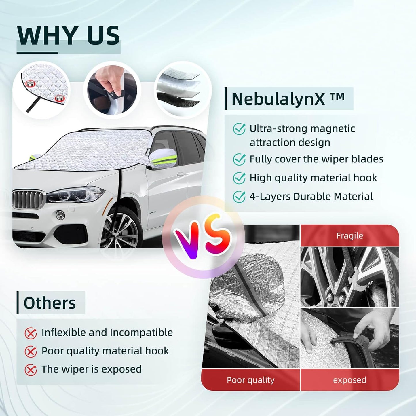 Car Windshield Cover Compatible with Toyota Camry 2025-2016 Custom Fit LE XSE XLE Hybrid SE Sedan New Upgraded Magnetic Windproof Sunshade Cover 4-Layer Protection Ice, UV,Frost Wiper &amp; Mirror Covers