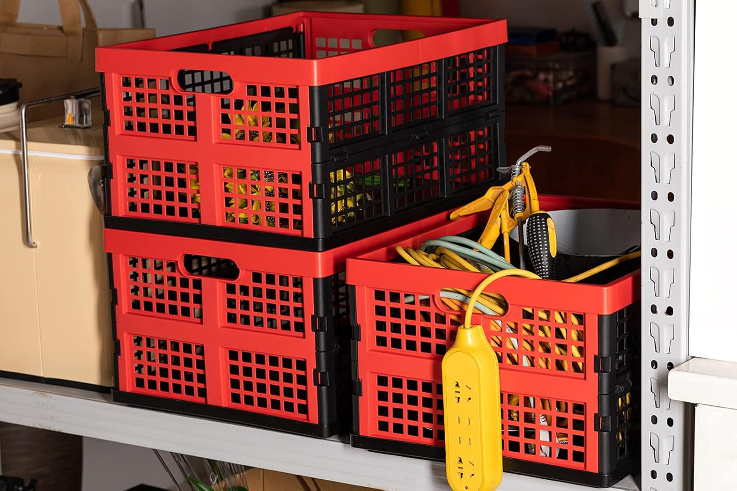 Eslite 34L Large Plastic Folding Storage Crates,Collapsible Crates for Storage,Pack of 3 (Black+Red)