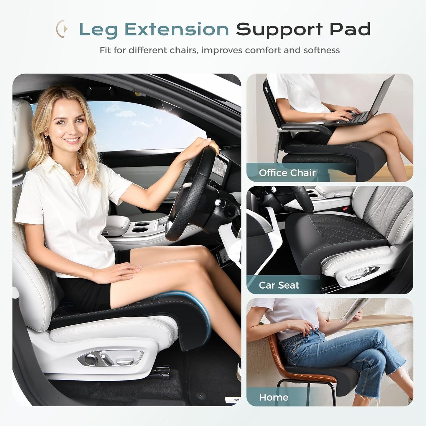 Coverado Car Seat Extender Leg Support, Leather Leg Extender Cushuin for Car Seats, Waterproof Car Seat Cushions Universal Fit for Most Vehicles (Black)