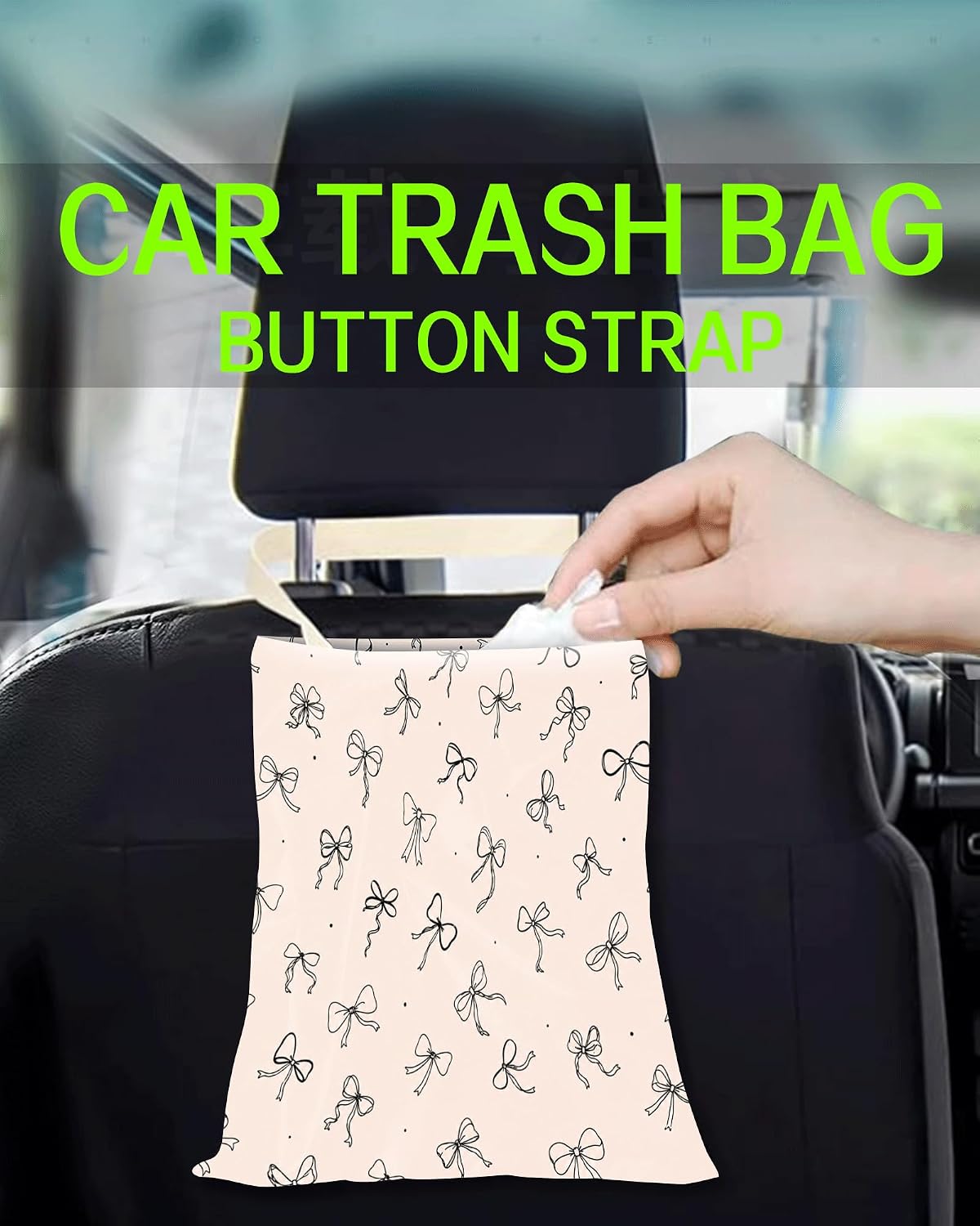 Car Trash Can, Durable Hanging Car Trash Garbage Bag, Cute Automotive Garbage Cans Organizer, Cute Beige Bow