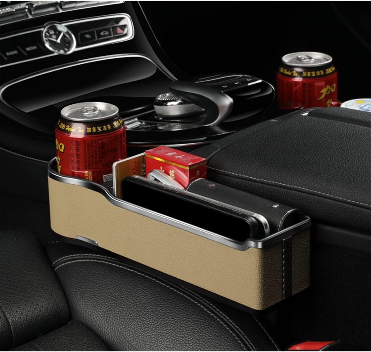 a Gap Filler Organizer with Cup Holder, Car Seat Organizer Auto Console Side Storage Box Organizer for Car Front Seat (Beige)