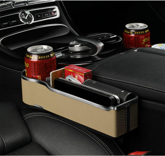 a Gap Filler Organizer with Cup Holder, Car Seat Organizer Auto Console Side Storage Box Organizer for Car Front Seat (Beige)