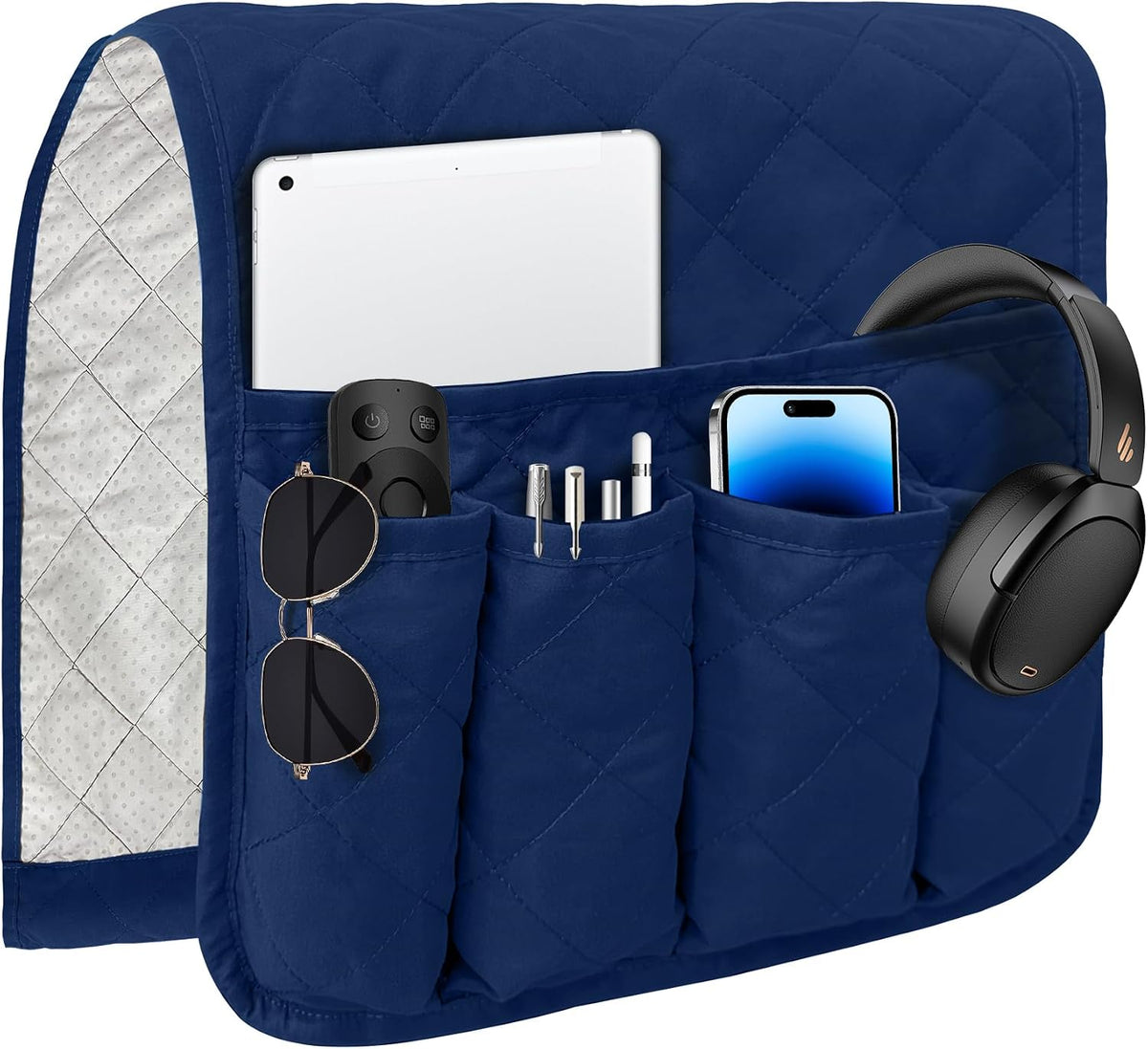 MEHIDFY Sofa Armrest Caddy, Waterproof Bedside Storage Organizer, Non Slip Armchair Pockets, Remote Control Holder for Couch, Handy Pouches with 6 Pockets for TV Remote, Phone, Magazine(White)