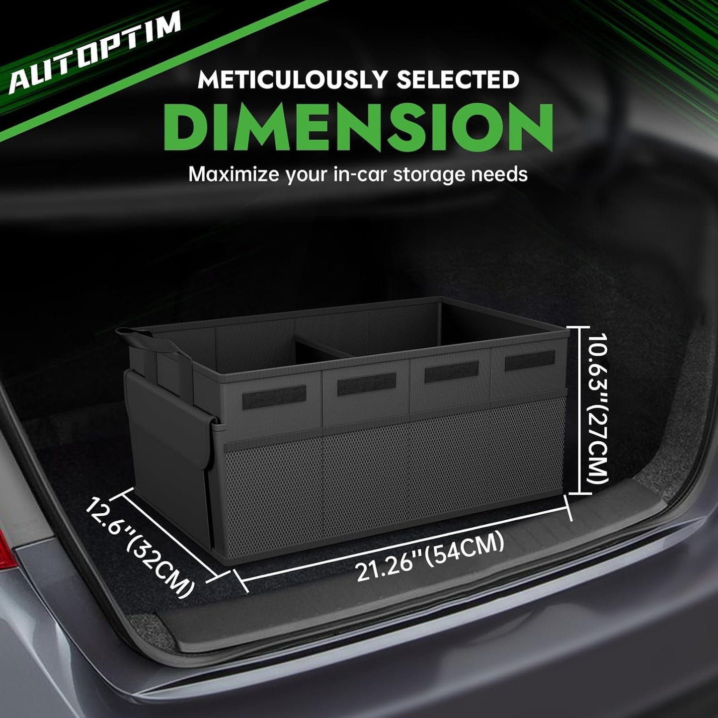 AUTOPTIM Car Trunk Organizer - Collapsible Car Organizer with Non Slip Bottom & Multiple Pockets for Groceries, Trunk Storage with Base Panel for SUV Sedan Van, 2 Compartments (Black, Medium)