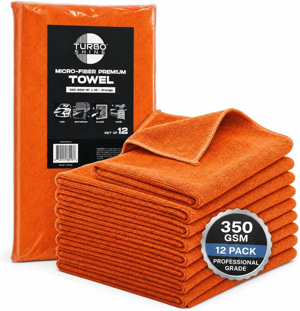 Premium Microfiber Cleaning Towels, 350 GSM, 16x16 Inch, 12 Pack, for Car, Glass, Bathroom and Home (Orange, 16" x 16")