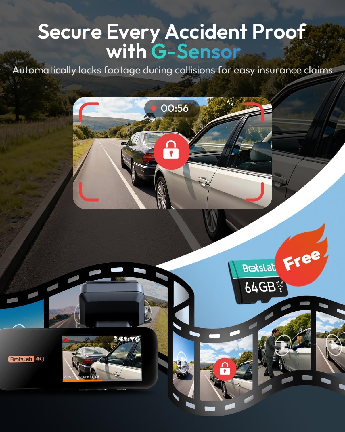 BOTSLAB G980H 4K STARVIS Dash Cam Front and Rear, 64GB Card[2026 Upgraded]