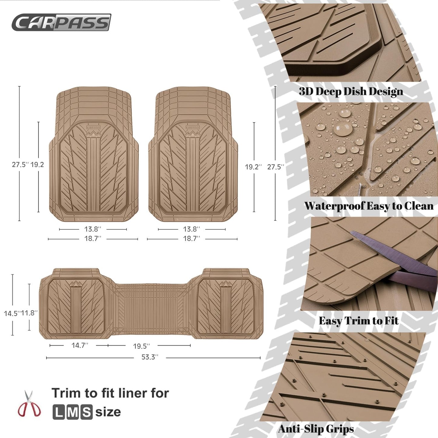 CAR PASS Heavy Rubber Car Floor Mats, Deep Waterproof Car Mats All Weather, Universal Trim-to Fit Automotive Floor Mats for Car SUV Truck Van, Durable Floor Liners All Beige