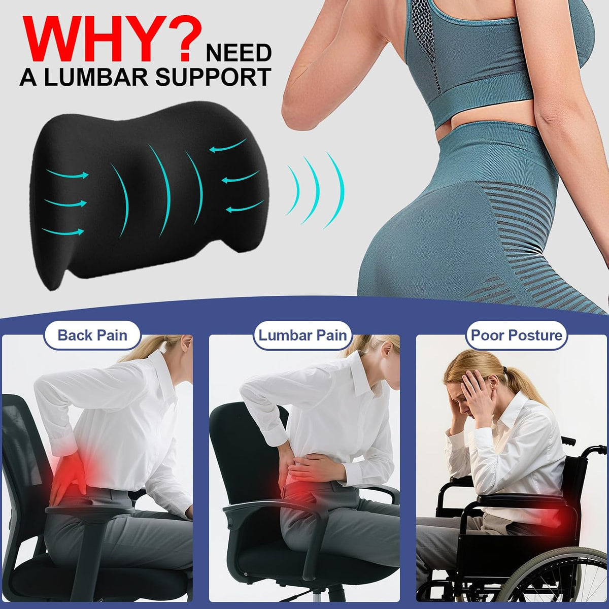 BYMECOST Lumbar Support Pillow for Car, Memory Foam Car Back Cushion