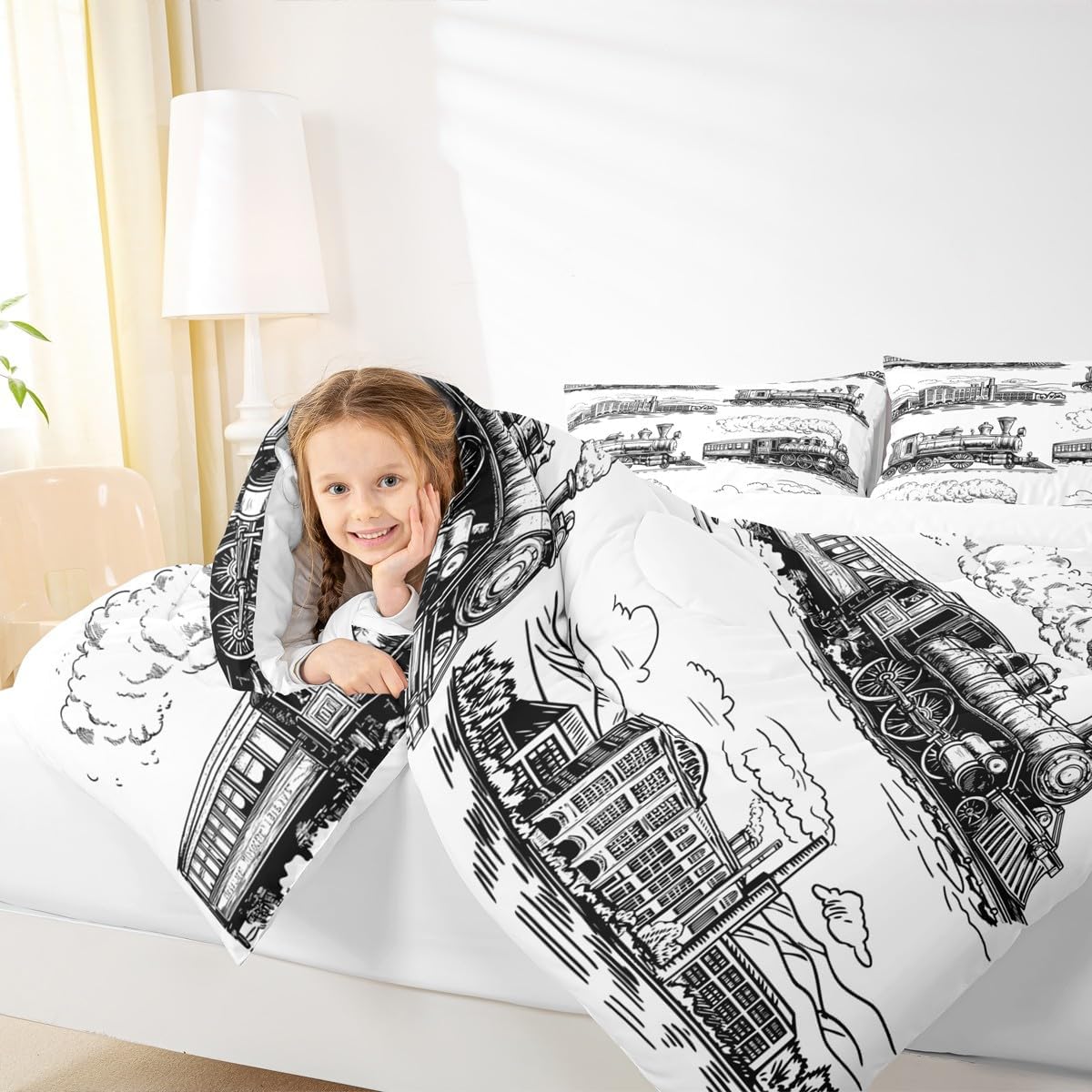 Manfei Train Comforter Set Queen Size, Retro Steam Locomotive Train Down Comforter with 2 Pillowcases, Vintage Train Bedding Set 3pcs for Kids Boys Adults Bedroom Decor Lightweight Duvet Insert