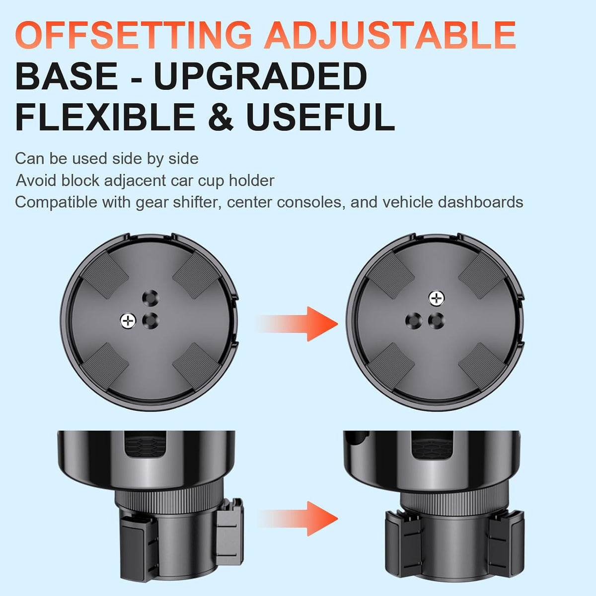 2-in-1 Car Cup Holder Expander, Upgraded Cup Adapter for Car with Offset Option,Phone Holder - Adjustable Base,Versatile Car Accessories Fits Yeti,Hydroflask & Large Water Bottles in 2.2"-4.2" (Black)